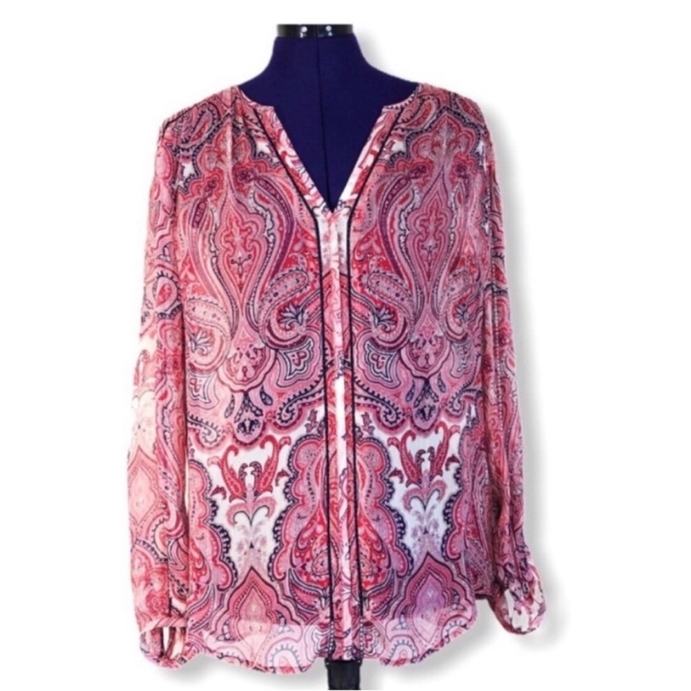 Lucky Brand Red White Paisley Patterned Long Sleeve Top